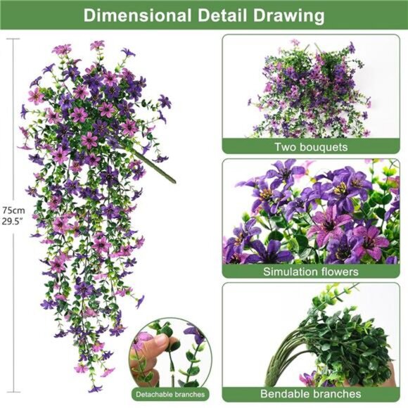 Artificial Fake Hanging Flowers Plants for Outdoor Summer Decoration, 2 PCS Faux - Picture 2 of 7